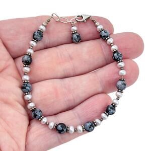 Estate Sterling Silver 925 Snowflake Obsidian Pearl Beaded Bracelet 7.5"-8.25"